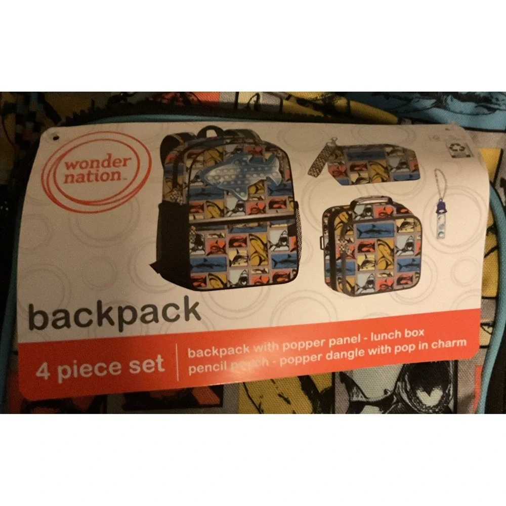 Wonder Nation 4 Pc 17 in Shark Pop It Back Pack With lunch Box,‎ Pencil Case NWT